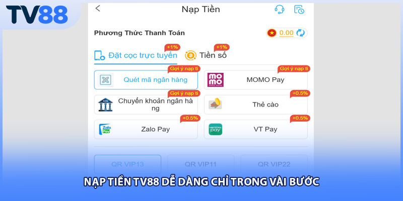 Nạp tiền TV88 dễ dàng chỉ trong vài bước